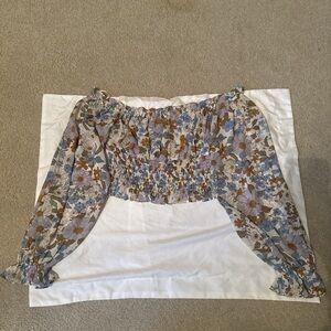 HYFVE Blue Brown Cream Floral Off-Shoulder Smocked Crop Top